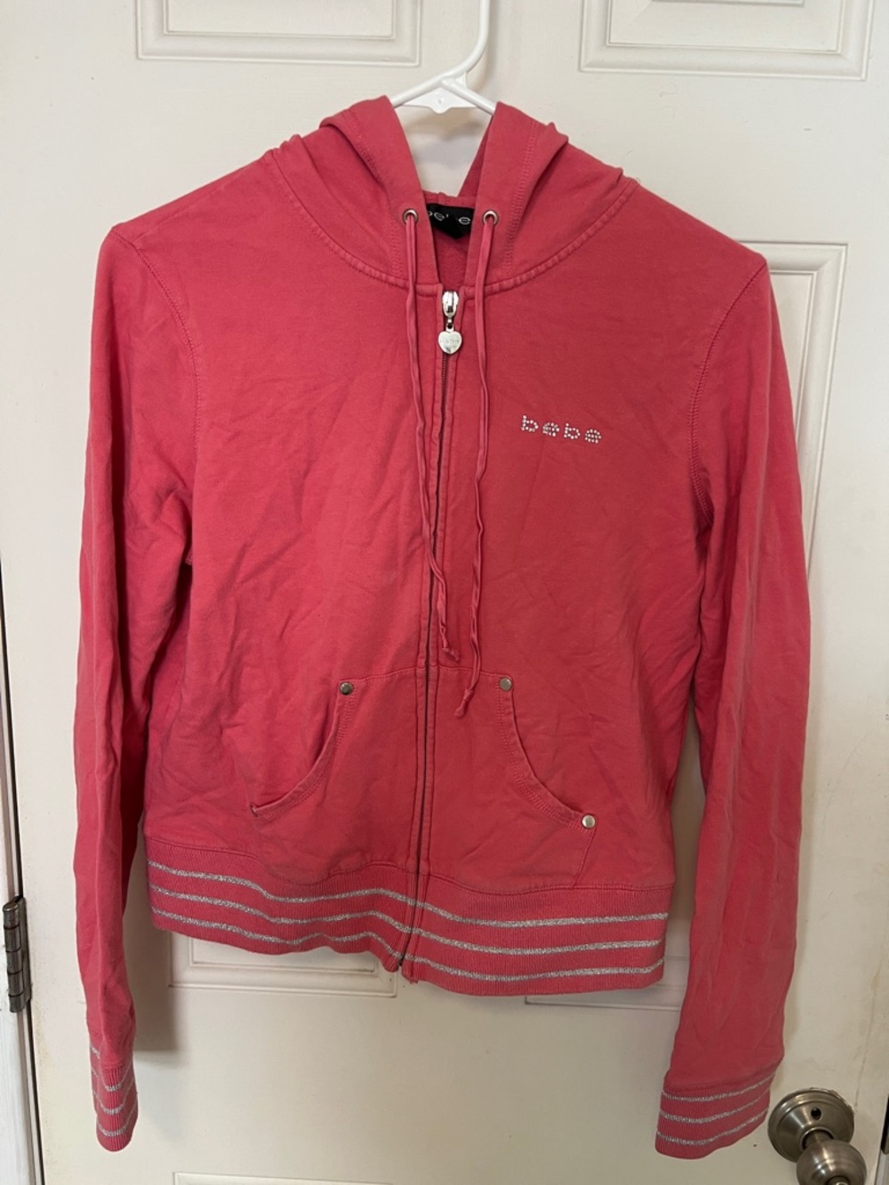 bebe Coral Pink Rhinestone Logo Zip Hoodie